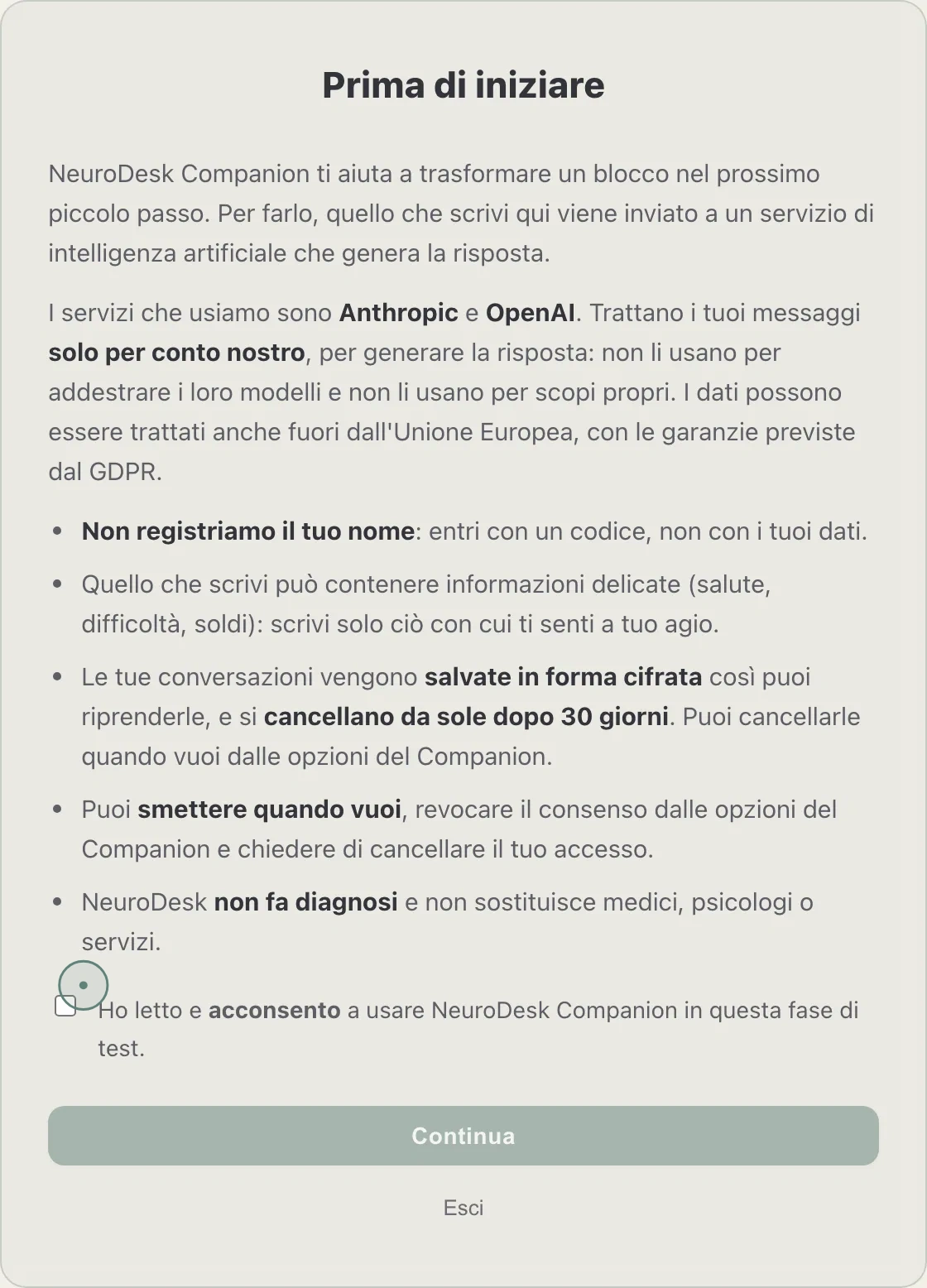 La schermata «Prima di iniziare»: prima di poter usare il Companion la persona legge che cosa succede a quello che scrive, quali servizi AI lo trattano, che le conversazioni sono cifrate e si cancellano dopo 30 giorni, e che può smettere quando vuole. Solo dopo la spunta compare il pulsante Continua.